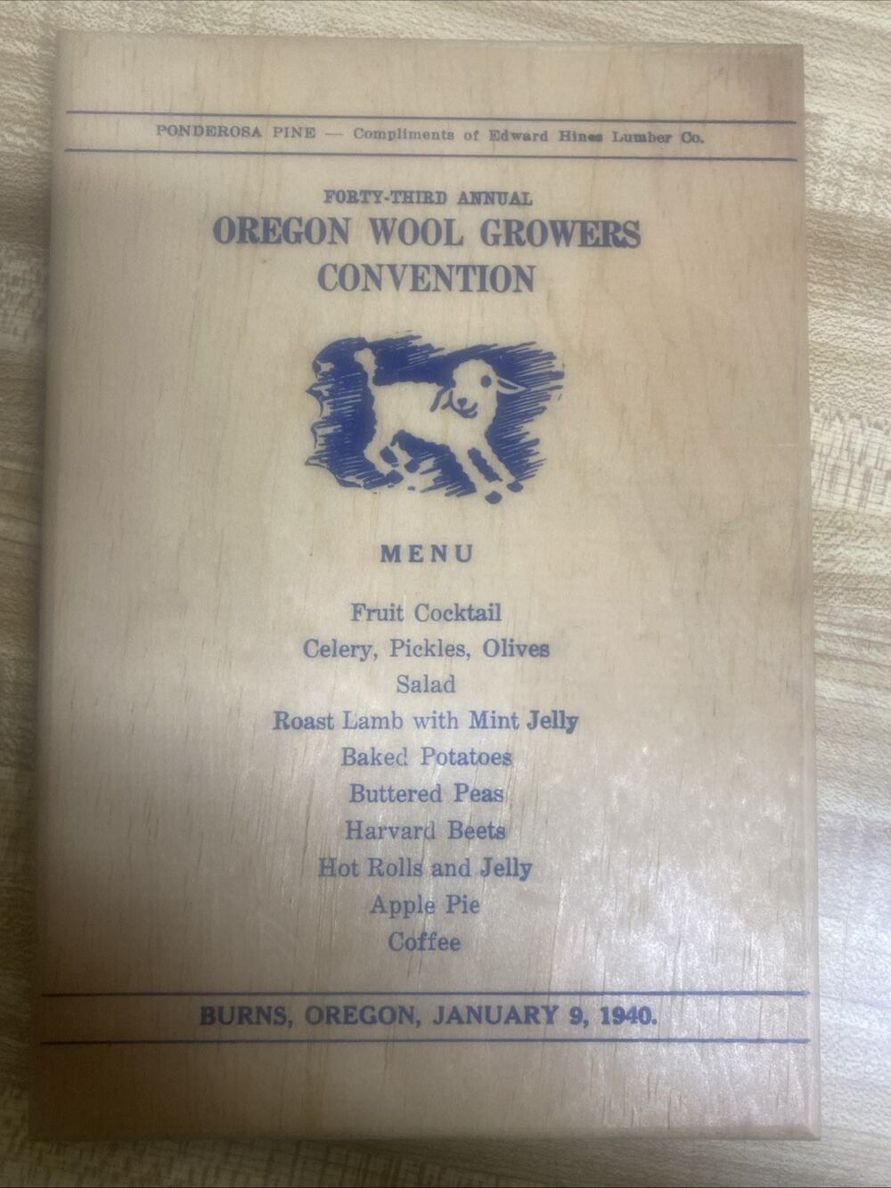 1940 Wooden Souvenir Menu 43rd Annual Oregon Wool Growers Convention Pine